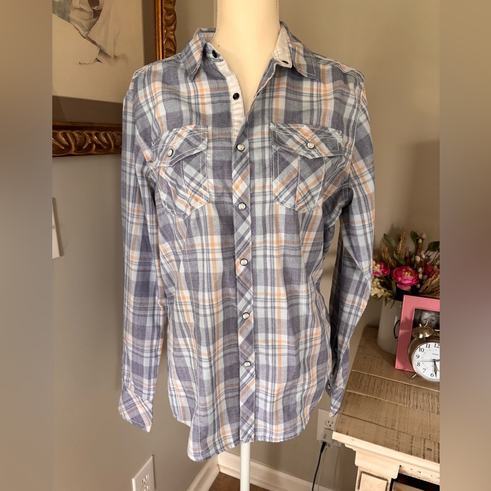 Men’s BKE Buckle plaid pearl snap button up long sleeve shirt size medium